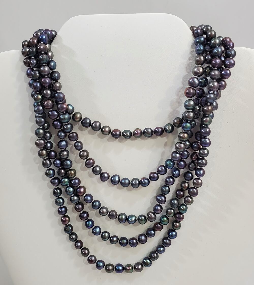 JCM Jacmel Peacock Grey Freshwater Potato Pearl Necklace With 14k Clasp 70"